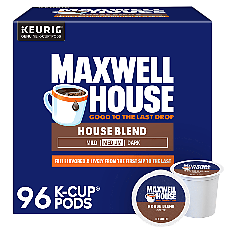 Maxwell House House Blend K-Cup Pods compatible with Keurig, offering a mild to dark range, with 96 pods per package.