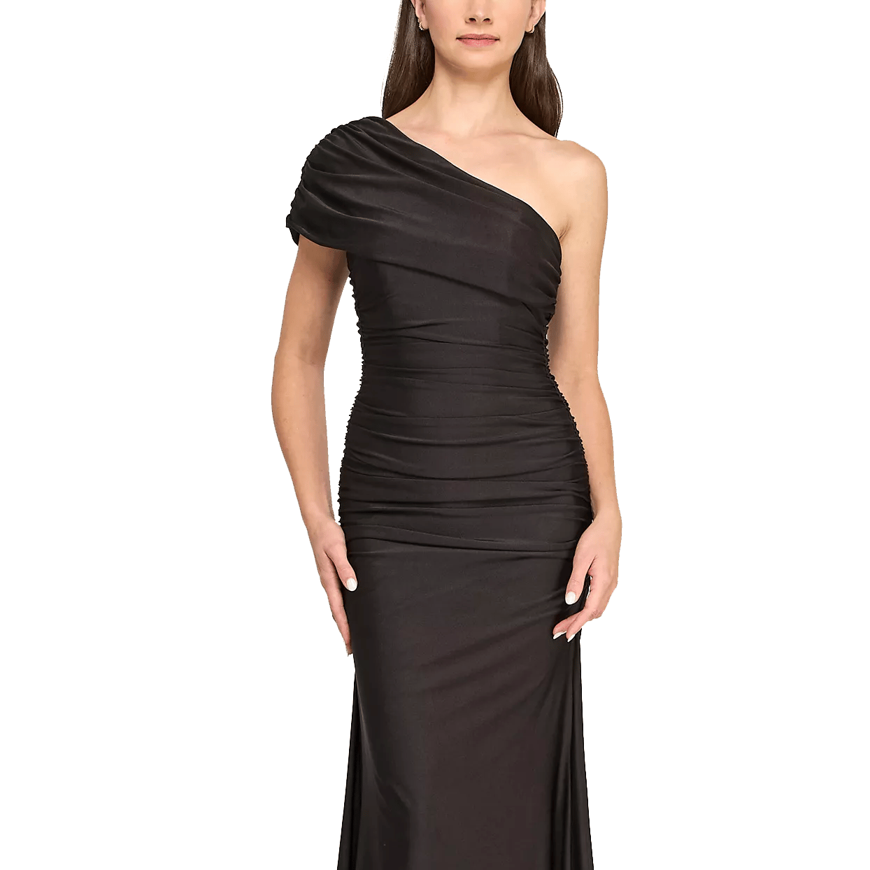 A one-shoulder, ruched black gown with a fitted silhouette and draped detailing on the bodice.