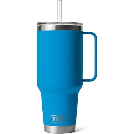 Blue YETI tumbler with a handle, stainless steel brim, and clear straw.