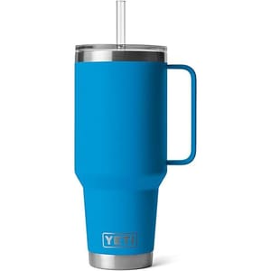 Blue YETI tumbler with a handle, stainless steel brim, and clear straw.