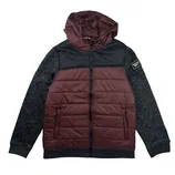 A maroon and black Reebok puffer jacket with a hood and zippered pockets, featuring dark gray sleeves with a Reebok logo patch on the left sleeve.