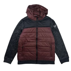 A maroon and black Reebok puffer jacket with a hood and zippered pockets, featuring dark gray sleeves with a Reebok logo patch on the left sleeve.
