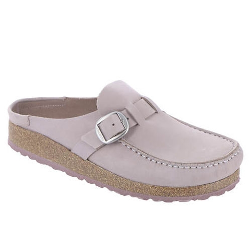 This is a photo of a single light gray slip-on shoe with a buckle, featuring a cork-like midsole and a contrasting stitching around the toe.