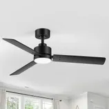 A modern, matte black ceiling fan with three blades and an integrated light fixture, designed for a sleek and contemporary look.