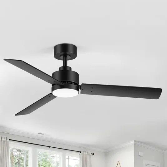 A modern, matte black ceiling fan with three blades and an integrated light fixture, designed for a sleek and contemporary look.