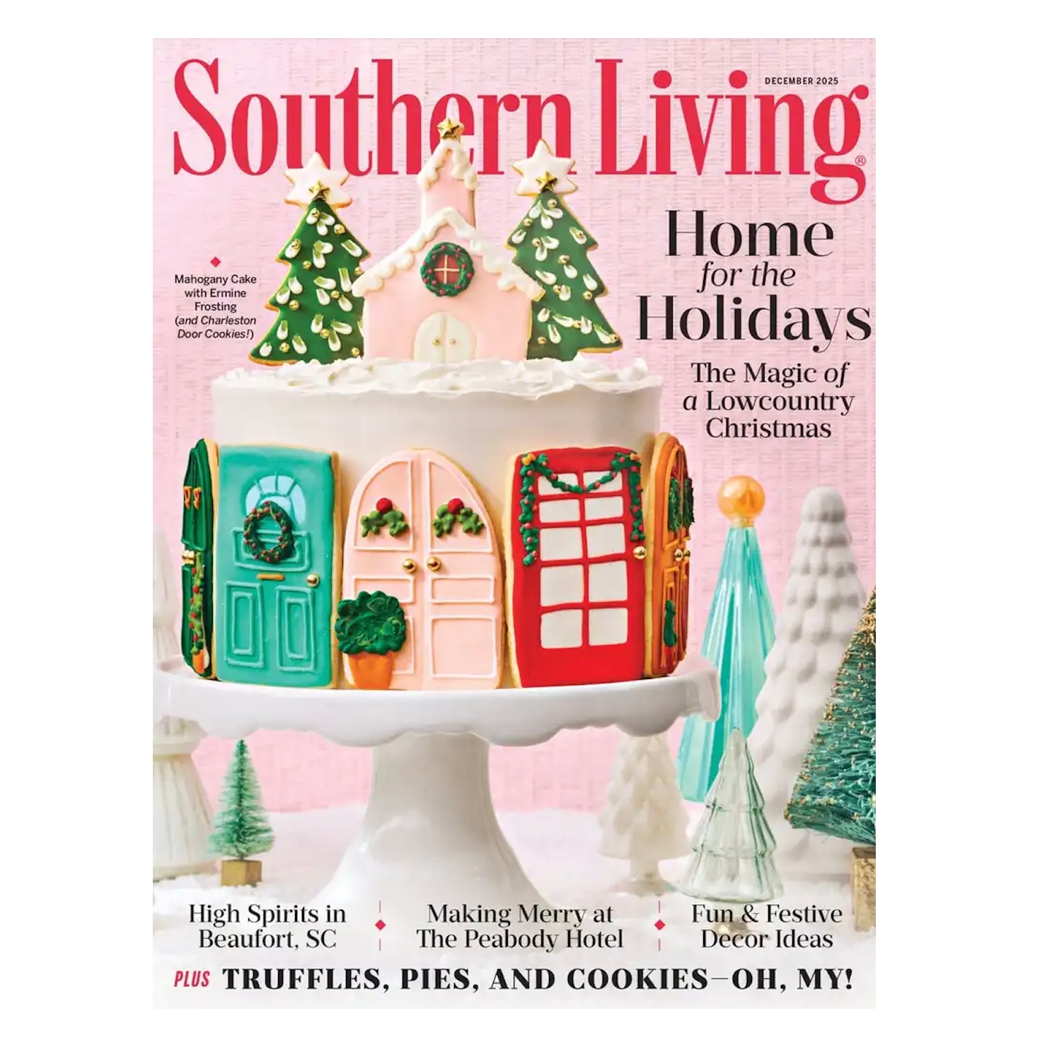 Southern Living magazine cover for December 2023 features a festive cake adorned with Christmas-themed cookies and decorations, highlighting holiday content like Lowcountry Christmas magic, decorating ideas, and seasonal treats such as truffles and pies.