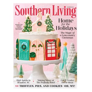 Southern Living magazine cover for December 2023 features a festive cake adorned with Christmas-themed cookies and decorations, highlighting holiday content like Lowcountry Christmas magic, decorating ideas, and seasonal treats such as truffles and pies.