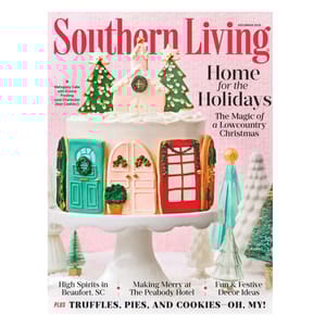 Southern Living magazine cover for December 2023 features a festive cake adorned with Christmas-themed cookies and decorations, highlighting holiday content like Lowcountry Christmas magic, decorating ideas, and seasonal treats such as truffles and pies.