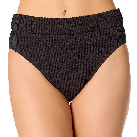 A pair of textured, high-waisted black bikini bottoms.