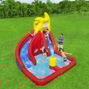 The H2Go Inflatable Mega Water Park features a vibrant red and yellow design with two water slides, a pool area, and a built-in sprinkler. Children are seen playing and sliding, supervised by an adult, set in a large grassy field.