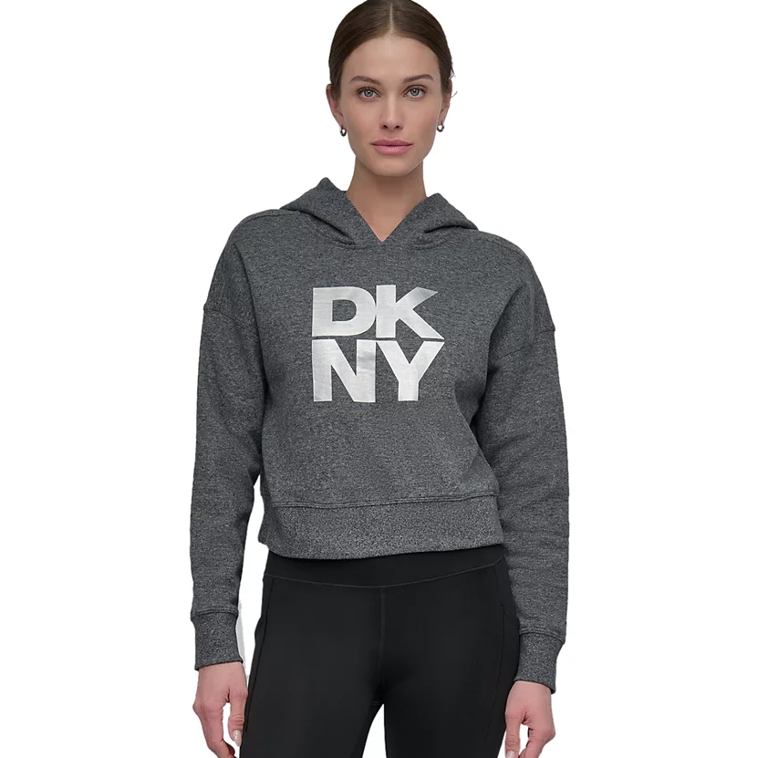 Gray DKNY hoodie with a large white logo on the front, paired with black leggings.