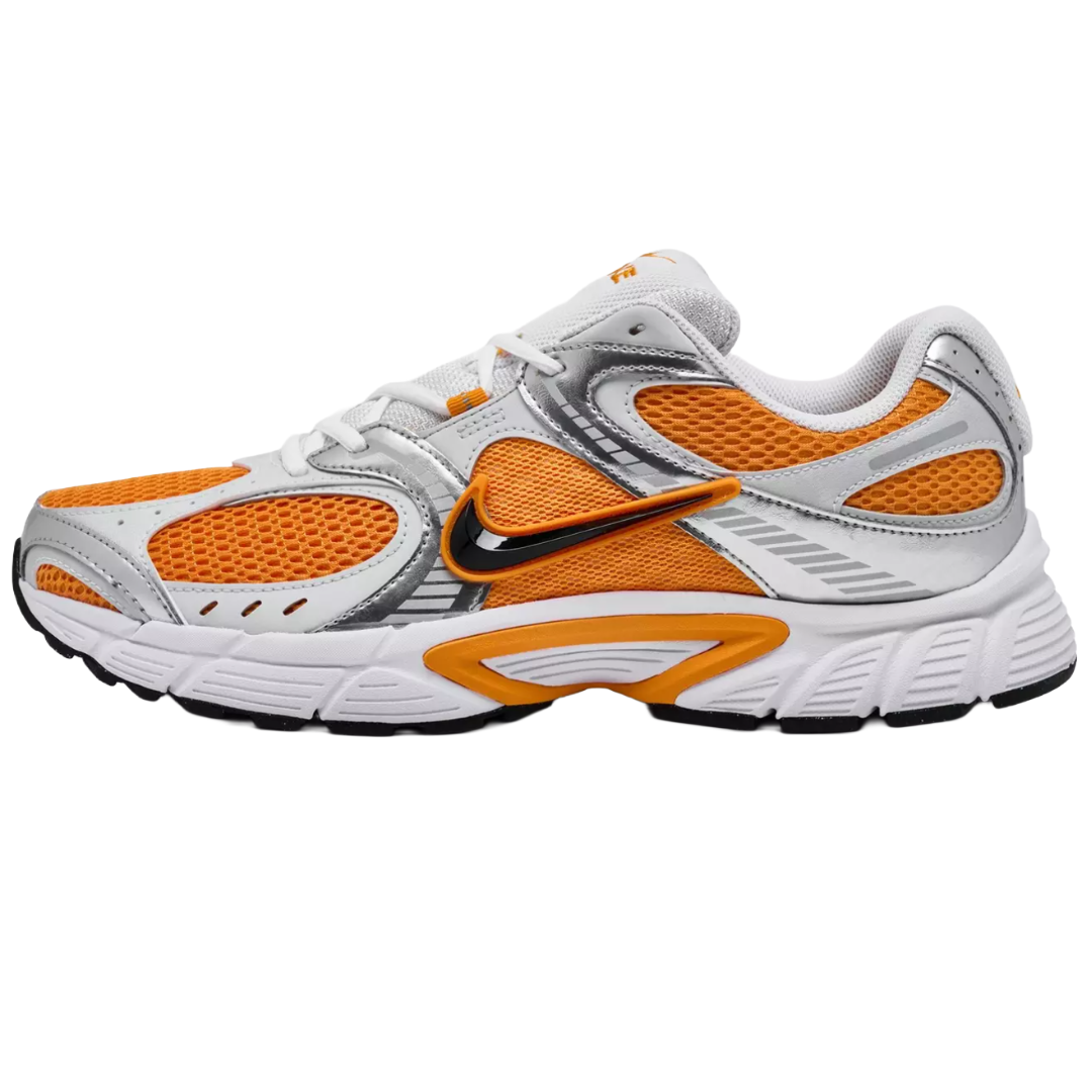 An orange and white athletic sneaker featuring mesh panels, a black swoosh logo, and a cushioned sole for comfort.