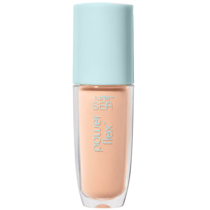 Tarte SEA Power Flex Concealer with a light aqua cap and transparent bottle showcasing a peach-toned product.