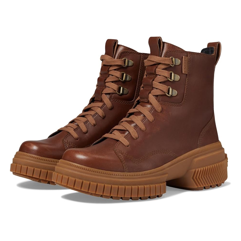 Sorel ONA Ave Boots feature a sleek brown leather design with sturdy laces and metal eyelets, complemented by a chunky rubber sole for durability and traction.