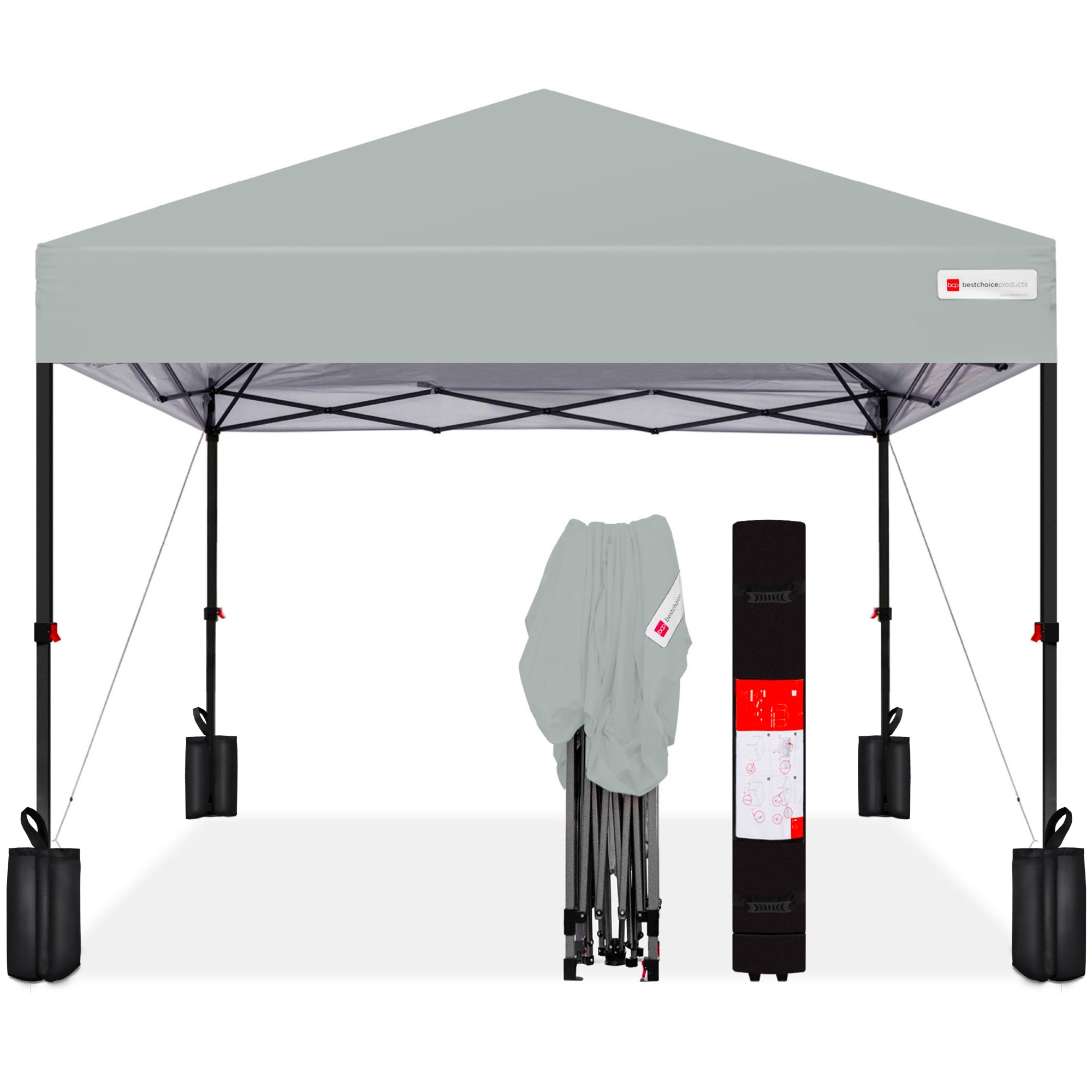 A gray pop-up canopy with a collapsible frame, accompanied by weight bags for stability and a carry bag for storage and transport.