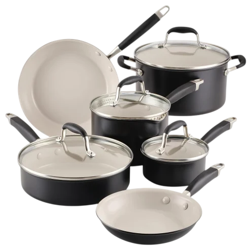 A 10-piece cookware set featuring various pots and pans with lids, in a black exterior and white interior, including different sizes of frying pans, saucepans, and stockpots.