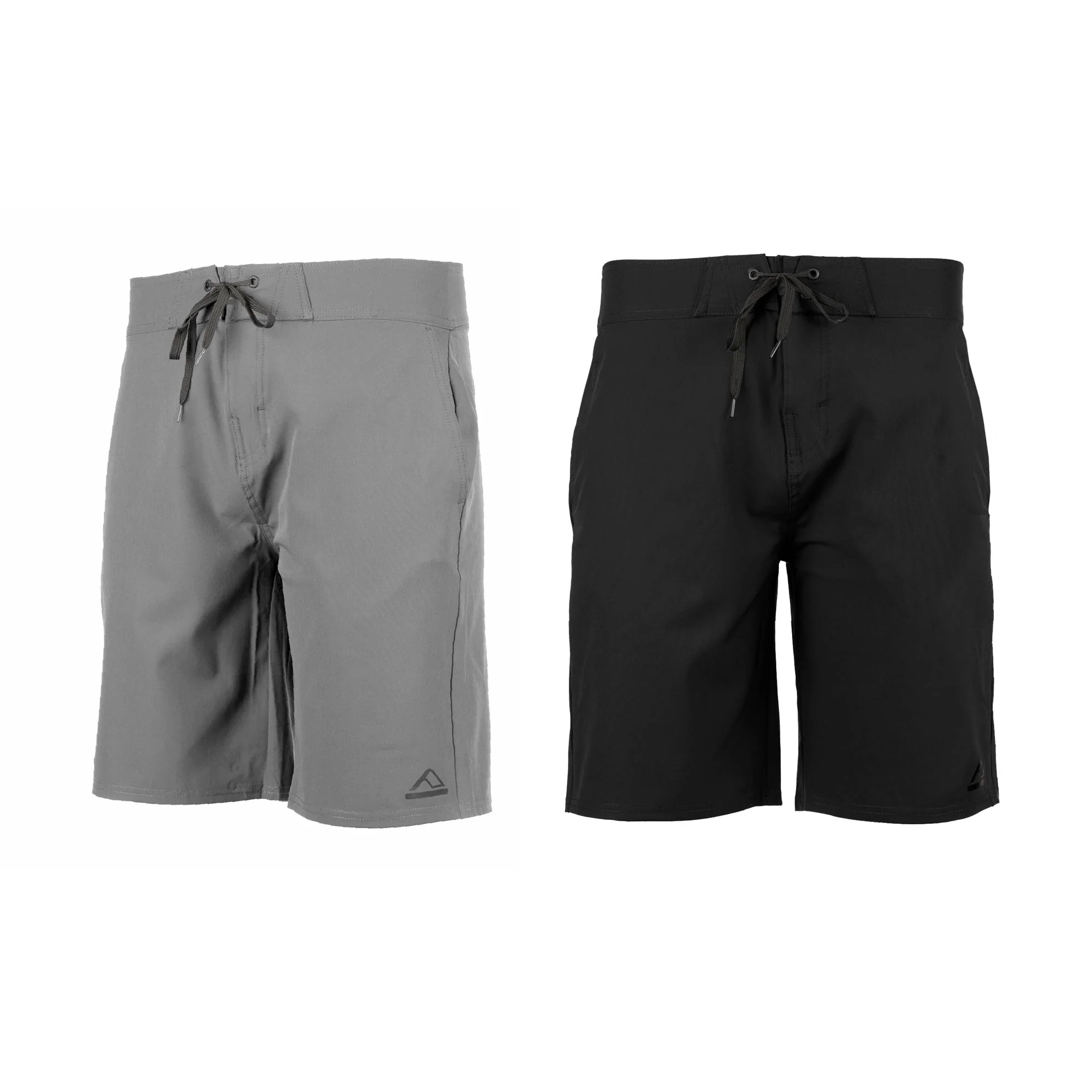 Two pairs of swim shorts, one in gray and one in black, with drawstring waists and a small triangular logo on the left leg.