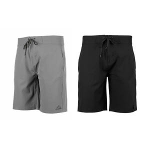 Two pairs of swim shorts, one in gray and one in black, with drawstring waists and a small triangular logo on the left leg.