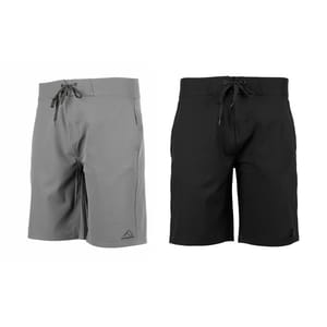 Two pairs of swim shorts, one in gray and one in black, with drawstring waists and a small triangular logo on the left leg.