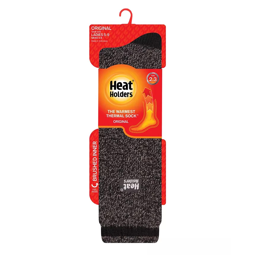 Heat Holders Women's Thermal Socks are warm, thermal socks with a 2.3 TOG rating, designed for ladies' sizes 5-9 and men's sizes 4-8. They feature a brushed inner lining for added insulation and are made in Indonesia.