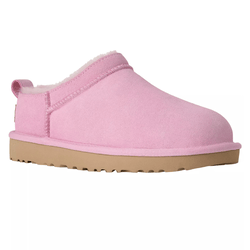 A pink slip-on slipper with a shearling lining and tan rubber sole, featuring a pull tab at the heel.