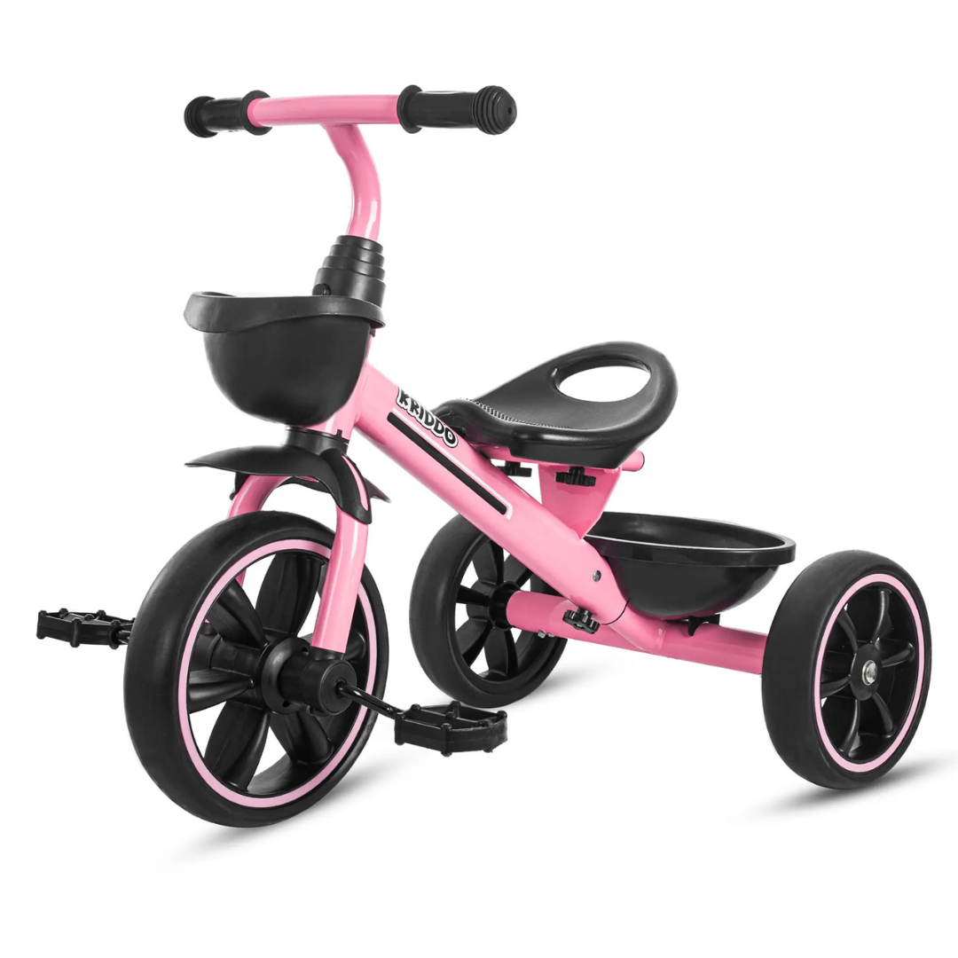 Pink tricycle with black handles, seat, and wheels, featuring a front basket and back storage compartment.