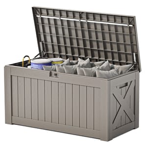 Outdoor storage box with a grid-patterned lid, holding multiple small cushions, two paint cans, and a hose, featuring a wood-like texture and cross-pattern detail on the sides.