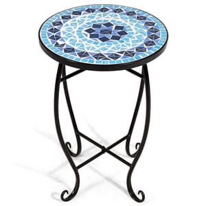 Round accent table with intricately designed blue mosaic tile top and sturdy black metal scroll legs.