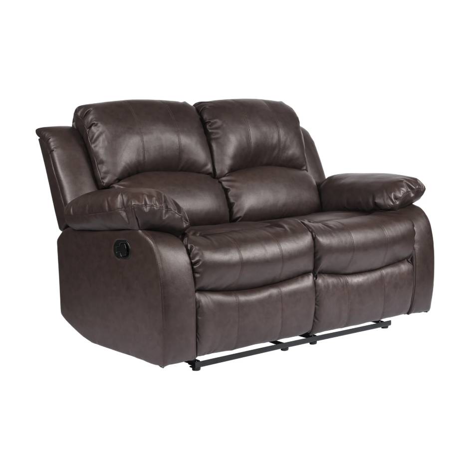 A brown faux leather reclining loveseat with plush cushioning and two manual recliners, featuring wide armrests and a compact, curved design.