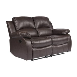 A brown faux leather reclining loveseat with plush cushioning and two manual recliners, featuring wide armrests and a compact, curved design.