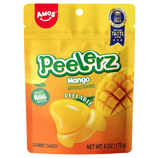 Amos PeeLerz Mango Gummy Candy, 6 oz (170g), features peelable, artificially flavored mango gummies made with real fruit juice, and boasts a Superior Taste Award from Brussels 2021.