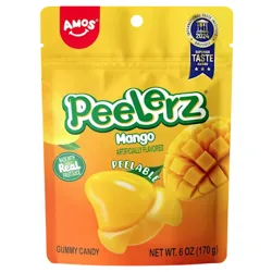Amos PeeLerz Mango Gummy Candy, 6 oz (170g), features peelable, artificially flavored mango gummies made with real fruit juice, and boasts a Superior Taste Award from Brussels 2021.