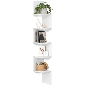 A white floating corner bookshelf with five triangular shelves, featuring a plant, decorative birds, books, framed art, and a wicker basket. Designed to fit snugly into a corner, maximizing vertical storage space.