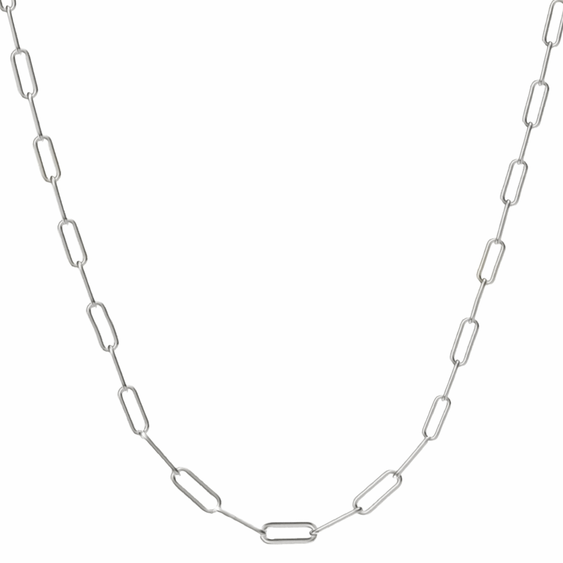 A silver paperclip chain necklace featuring elongated, rectangular links arranged symmetrically.