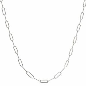 A silver paperclip chain necklace featuring elongated, rectangular links arranged symmetrically.