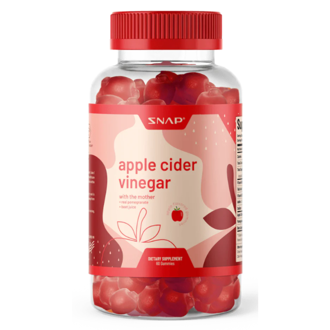 SNAP Apple Cider Vinegar Gummies, 60-count, are dietary supplements featuring apple flavor, infused with \“the mother,\“ real pomegranate, and beet juice. Packaged in a clear bottle with a red lid.
