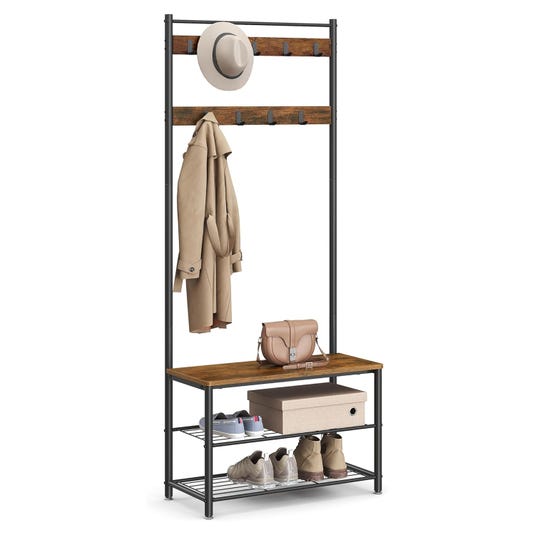 Hall tree with a hat and coat rack, featuring multiple hooks, a wooden bench, and two wire shelves for shoes and storage, with items like a coat, hat, handbag, shoes, and a storage box displayed.