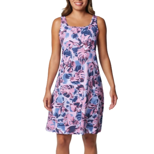 A sleeveless, knee-length summer dress featuring a pink and purple floral pattern with a scoop neckline.