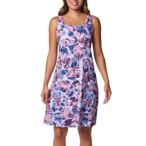 A sleeveless, knee-length summer dress featuring a pink and purple floral pattern with a scoop neckline.
