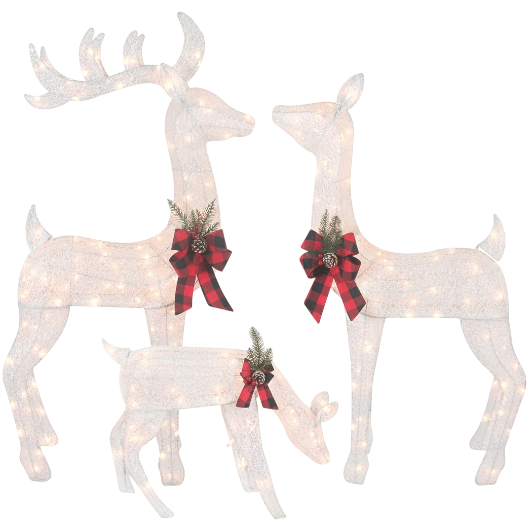 Set of three light-up reindeer decorations adorned with red plaid bows and evergreen sprigs.