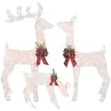 Set of three light-up reindeer decorations adorned with red plaid bows and evergreen sprigs.