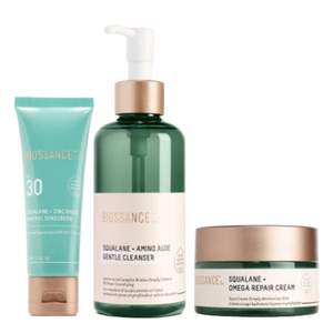 Biossance 3pc Protective Daytime Core Routine includes Squalane + Zinc Sheer Mineral Sunscreen, Squalane + Amino Aloe Gentle Cleanser, and Squalane + Omega Repair Cream.