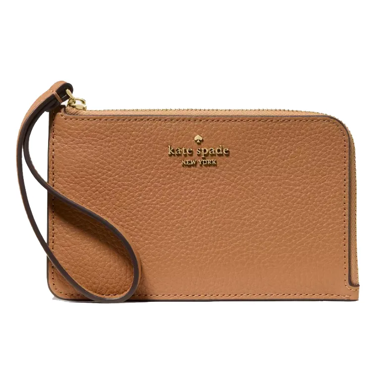 Tan leather wristlet with a zip closure and a small strap, featuring \“kate spade NEW YORK\“ in gold lettering on the front.