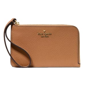 Tan leather wristlet with a zip closure and a small strap, featuring \“kate spade NEW YORK\“ in gold lettering on the front.