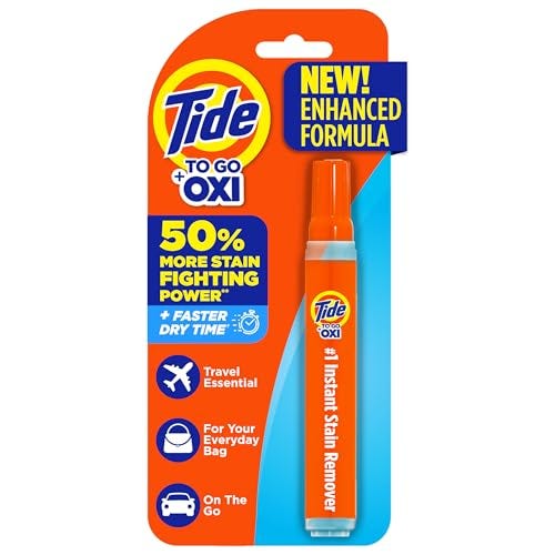 Tide To Go Instant Stain Remover pen with enhanced formula, offering 50% more stain-fighting power and faster dry time. Includes visuals for travel, everyday bag, and on-the-go use.