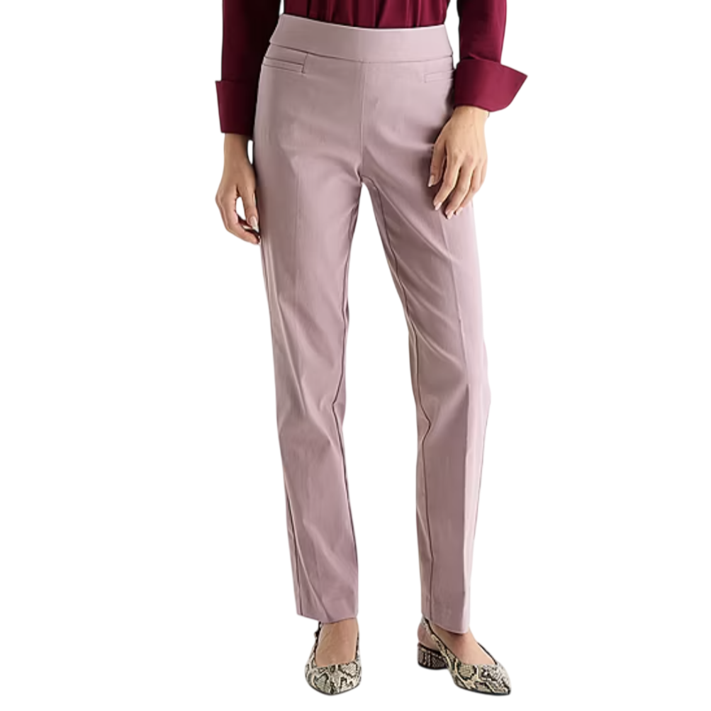 A person is wearing light pink straight-leg pants paired with a dark red long-sleeve top and snakeskin-patterned shoes.