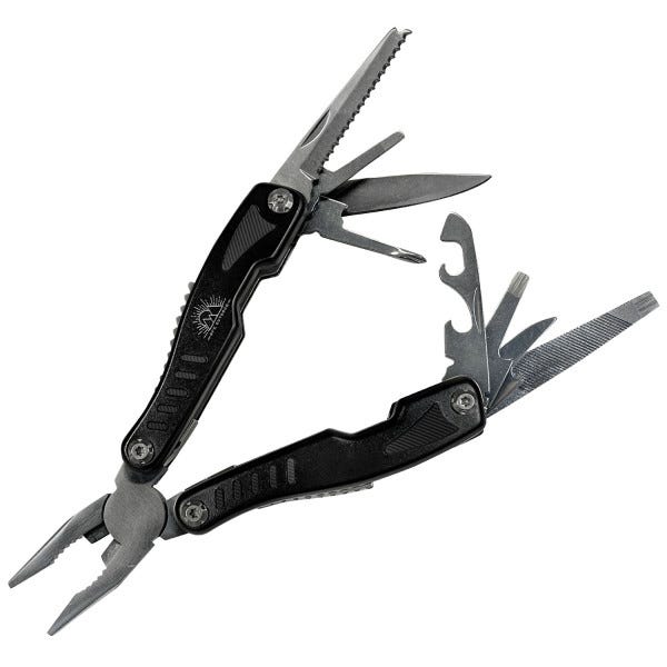 A black multi-tool featuring pliers, various blades, a saw, a file, and a bottle opener.