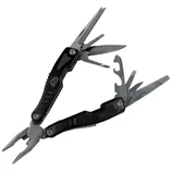 A black multi-tool featuring pliers, various blades, a saw, a file, and a bottle opener.
