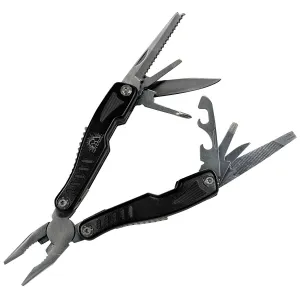 A black multi-tool featuring pliers, various blades, a saw, a file, and a bottle opener.