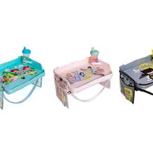 Three children's tray booster seats with cartoon themes: Paw Patrol in blue, Disney Princess in pink, and Batman in gray. Each has a cup and side pockets.